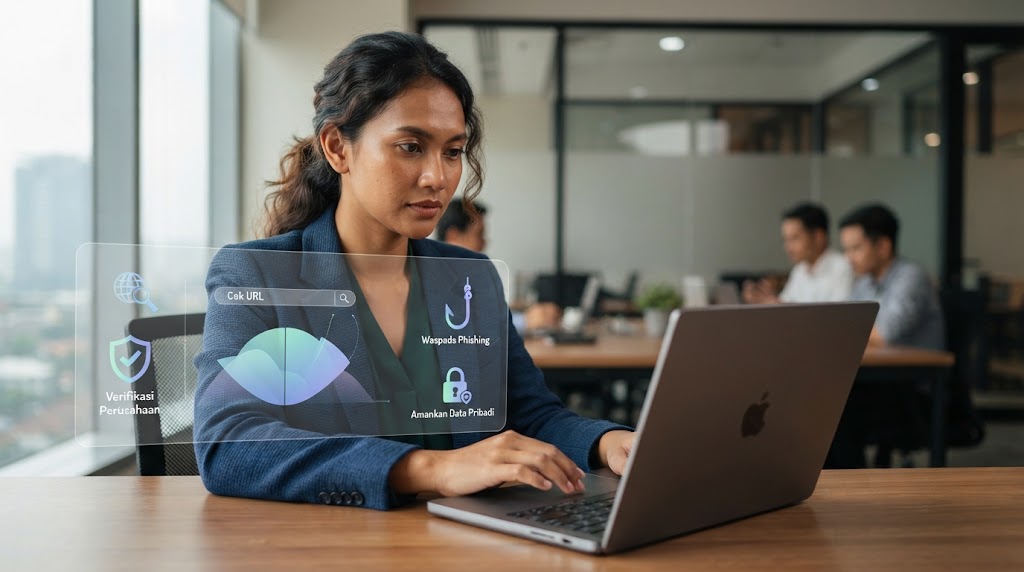 Seorang profesional wanita Indonesia di kantor modern sedang mengetik di laptop, dengan antarmuka hologram transparan yang menampilkan ikon 'Verifikasi Perusahaan', 'Cek URL', 'Waspada Phishing', dan 'Amankan Data Pribadi'.