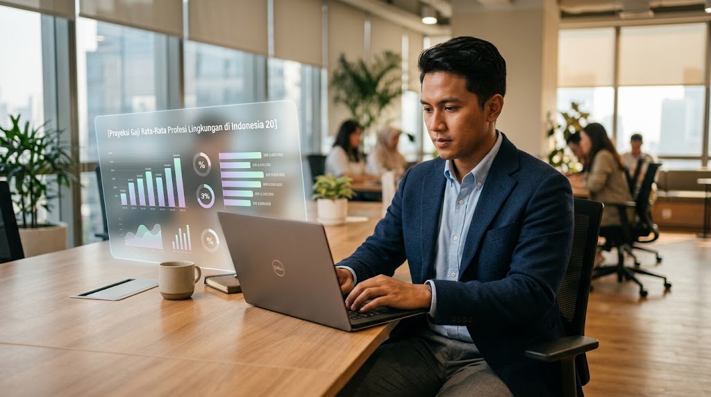 Seorang profesional pria Indonesia berjas di kantor modern sedang fokus bekerja di depan laptop, dengan visualisasi hologram transparan di depannya yang menampilkan diagram grafik batang dan tren kenaikan gaji rata-rata profesi lingkungan di Indonesia.