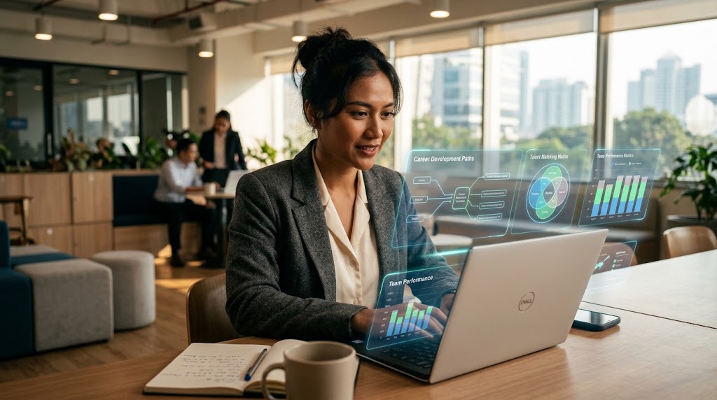 Seorang wanita profesional Indonesia tersenyum percaya diri saat bekerja di depan laptop dengan antarmuka holografis tentang jalur pengembangan karir dan performa tim di kantor modern.