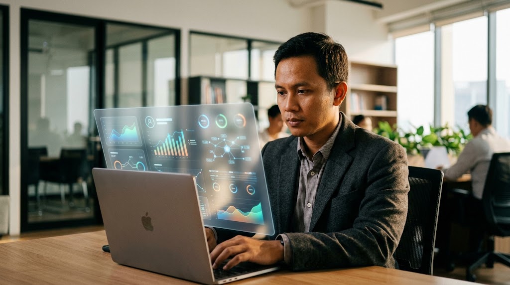 Seorang pria profesional Indonesia berjas abu-abu sedang fokus mengetik di laptop dengan tampilan antarmuka visual data holografis futuristik di lingkungan kantor modern.
