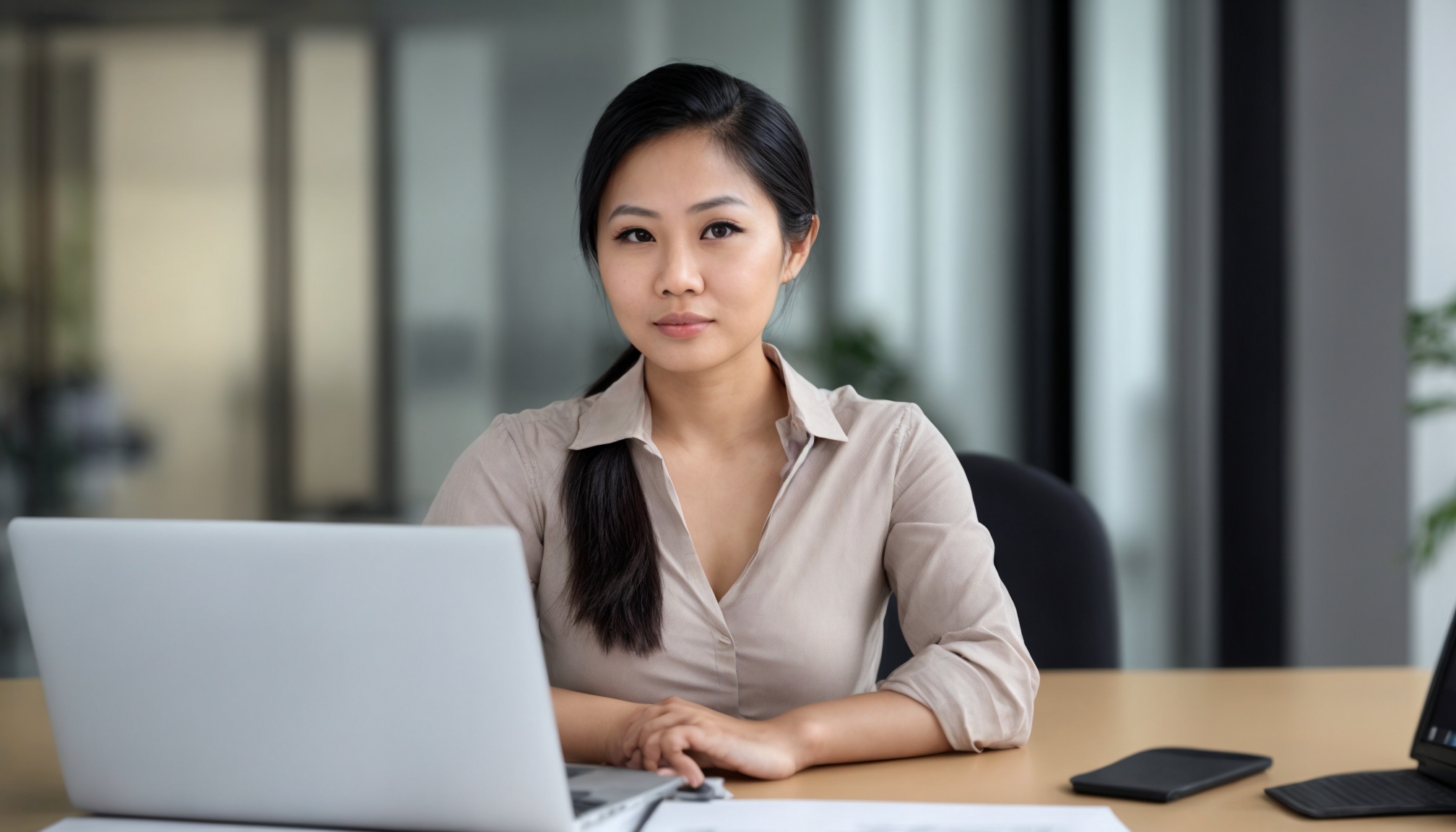 Profesional muda sedang mencari lowongan kerja melalui laptop di meja kantor modern