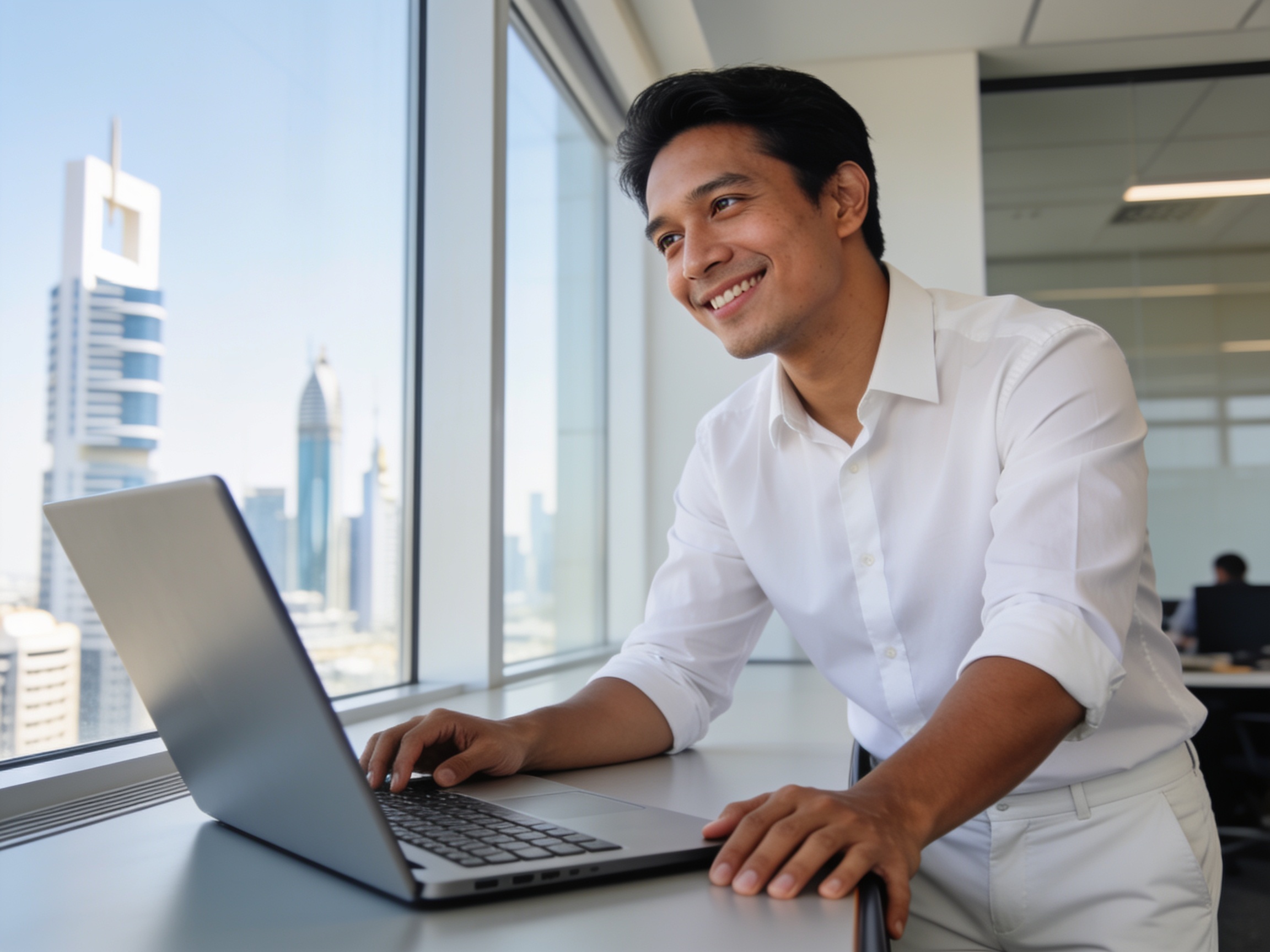 Profesional memeriksa peluang kerja dengan strategi lolos seleksi kerja di laptop kantor modern
